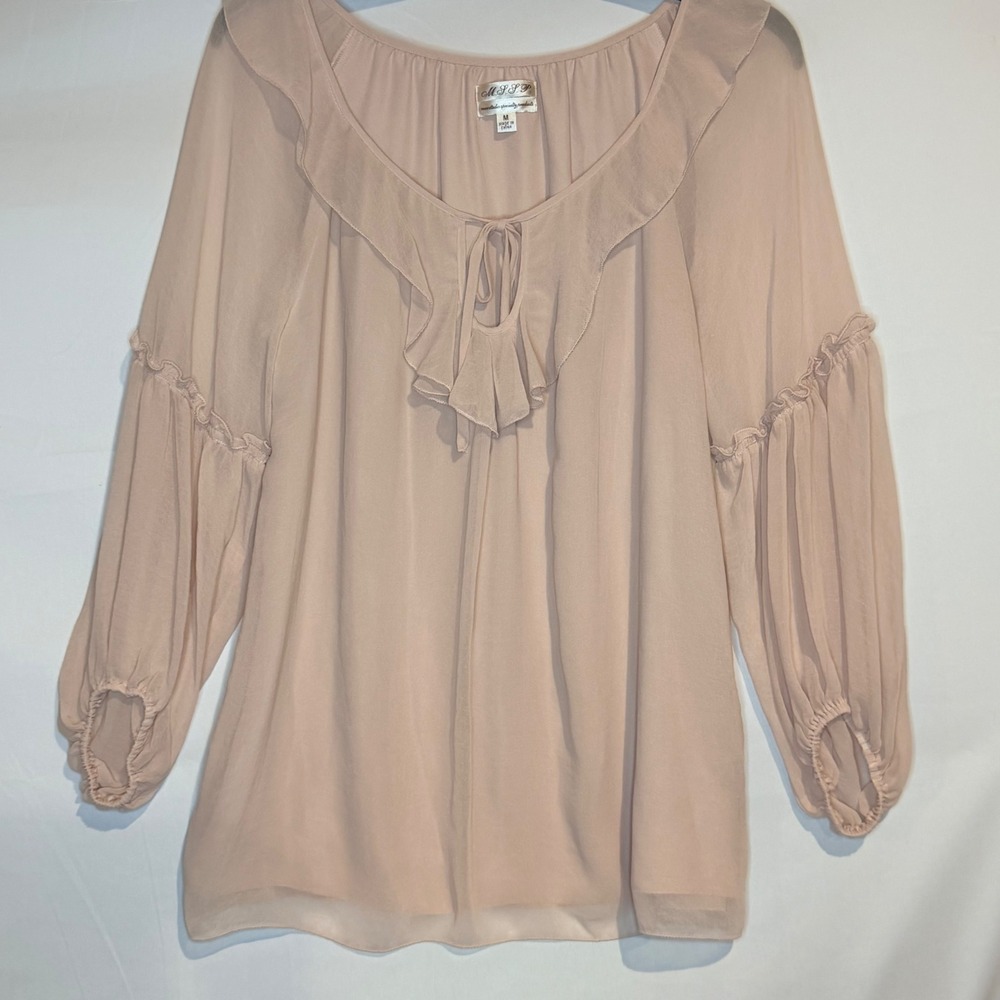 MSSP Max Studio Blush Pink Ruffle Neck Lantern Sleeve Boho Peasant Blouse M